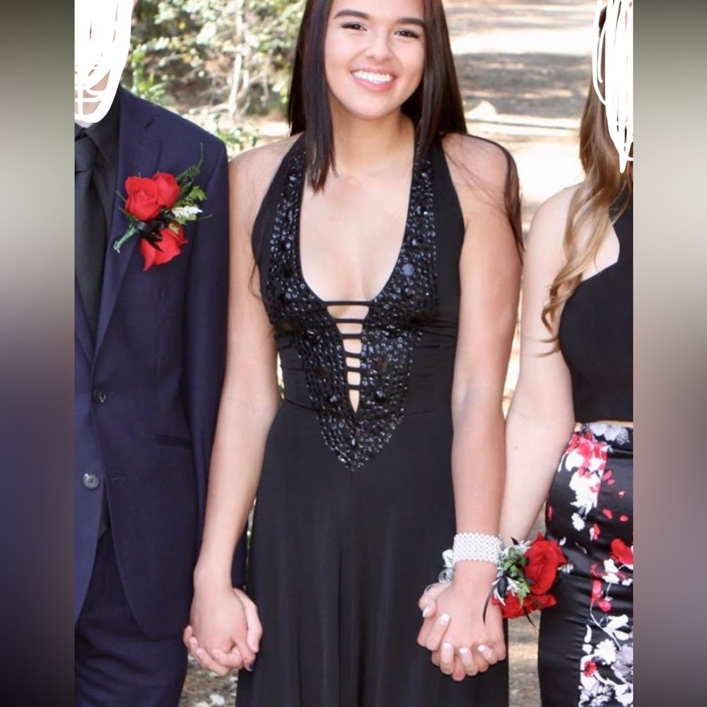 Black Bedazzled V-Neck Formal Maxi Dress